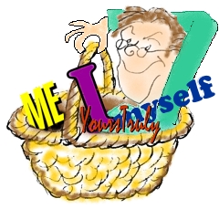 man in basket with I, me, myself, yours truly