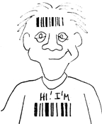 cartoon of man with barcode on forehead, shirt