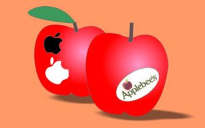 apples with logos for Apple and Applebee's