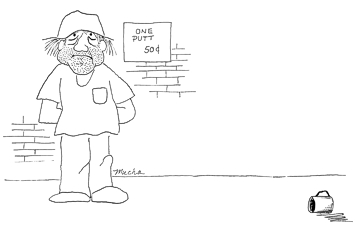 Cartoon: Panhandler puts tin cup on sidewalk, sign says One Putt 50 cents 